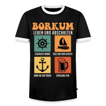 Nordsee BORKUM LEBEN UND ABSCHALTEN Retro Lustig - Männer Kontrast-T-Shirt - Schwarz/Weiß - Vorne - AI Model Female 172 light (172cm) & AI Model Male 178 light (178cm)
