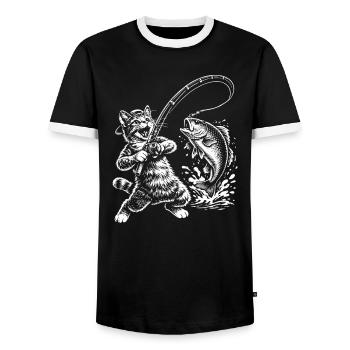 Lustige Katze Fisch Angeln Angler - Männer Kontrast-T-Shirt - Schwarz/Weiß - Vorne - AI Model Female 172 light (172cm) & AI Model Male 178 light (178cm)