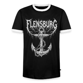 Flensburg – Extreme Metal City Motif - Men's Ringer Shirt - black/white - Front - AI Model Female 172 light (172cm) & AI Model Male 178 light (178cm)