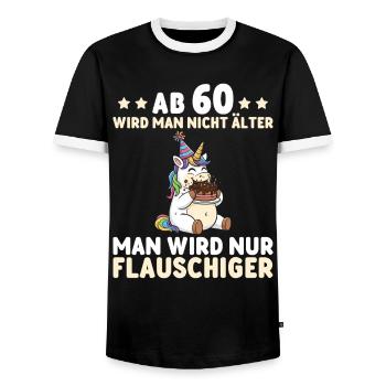 Licorne pour 60 ans – On devient encore plus duveteux - T-shirt contrasté Homme - noir/blanc - Devant - AI Model Female 172 light (172cm) & AI Model Male 178 light (178cm)