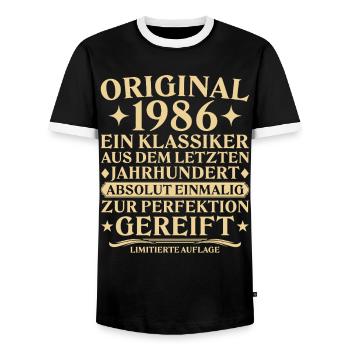 Original 1986 Classic Last Century - Men's Ringer Shirt - black/white - Front - AI Model Female 172 light (172cm) & AI Model Male 178 light (178cm)