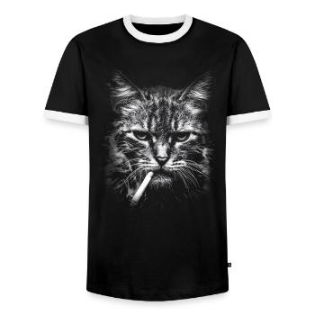 Smoking, cigarette, cat smoking a cigarette - Men's Ringer Shirt - black/white - Front - AI Model Female 172 light (172cm) & AI Model Male 178 light (178cm)