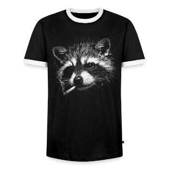 Smoking, cigarette, raccoon smoking a cigarette - Men's Ringer Shirt - black/white - Front - AI Model Female 172 light (172cm) & AI Model Male 178 light (178cm)