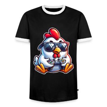 Gamer Huhn mit Controller - Männer Kontrast-T-Shirt - Schwarz/Weiß - Vorne - AI Model Female 172 light (172cm) & AI Model Male 178 light (178cm)