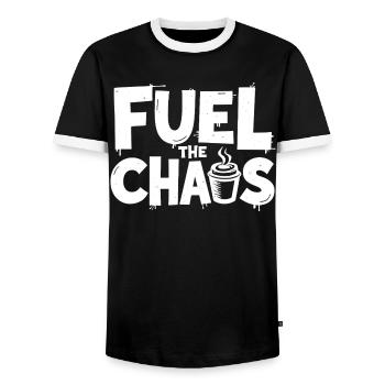 Fuel the Chaos Coffee Saying for Rebels - Men's Ringer Shirt - black/white - Front - AI Model Female 172 light (172cm) & AI Model Male 178 light (178cm)