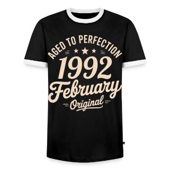 Février 1992 - February 1992 - Men's Ringer Shirt - black/white - Front - AI Model Female 172 light (172cm) & AI Model Male 178 light (178cm)