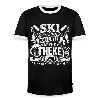 Skie plus tard au Theke | Après Ski - T-shirt contrasté Homme - noir/blanc - Devant - AI Model Female 172 light (172cm) & AI Model Male 178 light (178cm)