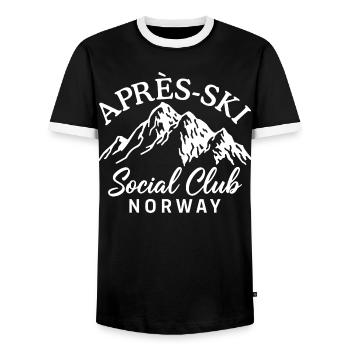 Après Ski Social Club Norway Skiing - Men's Ringer Shirt - black/white - Front - AI Model Female 172 light (172cm) & AI Model Male 178 light (178cm)