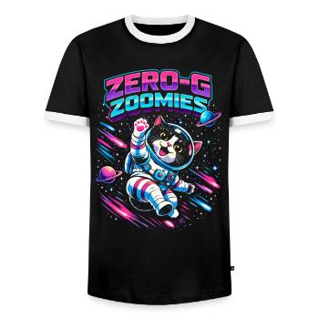 Null-G Zoomies | Humour spatial Astro Cat - T-shirt contrasté Homme - noir/blanc - Devant - AI Model Female 172 light (172cm) & AI Model Male 178 light (178cm)