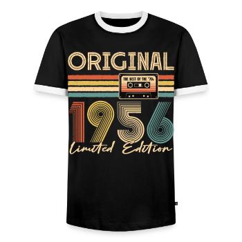 70th birthday, 70 years, original 1956 - Men's Ringer Shirt - black/white - Front - AI Model Female 172 light (172cm) & AI Model Male 178 light (178cm)