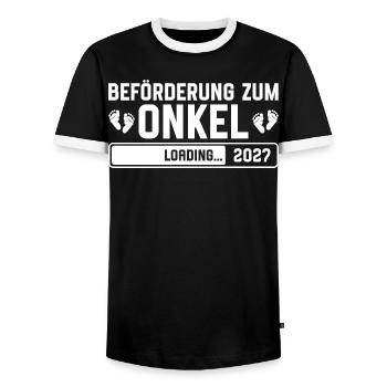 Promotion à Oncle 2027 - T-shirt contrasté Homme - noir/blanc - Devant - AI Model Female 172 light (172cm) & AI Model Male 178 light (178cm)