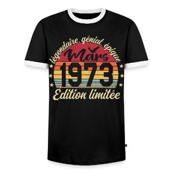 Mars 1973 53 ans Cadeau Anniversaire Mars 1973 - T-shirt contrasté Homme - noir/blanc - Devant - AI Model Female 172 light (172cm) & AI Model Male 178 light (178cm)