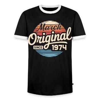 Legendary since march 1974 - Men's Ringer Shirt - black/white - Front - AI Model Female 172 light (172cm) & AI Model Male 178 light (178cm)