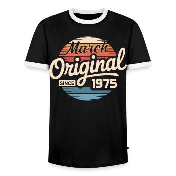 Legendary since march 1975 - Men's Ringer Shirt - black/white - Front - AI Model Female 172 light (172cm) & AI Model Male 178 light (178cm)