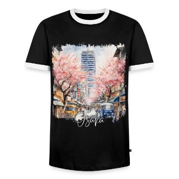 Osaka Watercolor, Osaka Japan - Men's Ringer Shirt - black/white - Front - AI Model Female 172 light (172cm) & AI Model Male 178 light (178cm)