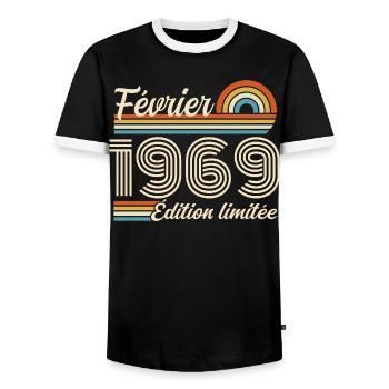 Nées en Février 1969 | 57ème Anniversaire - T-shirt contrasté Homme - noir/blanc - Devant - AI Model Female 172 light (172cm) & AI Model Male 178 light (178cm)