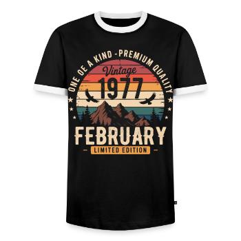 February 1977 Vintage Birthday February 1977 - Men's Ringer Shirt - black/white - Front - AI Model Female 172 light (172cm) & AI Model Male 178 light (178cm)