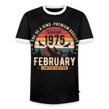 February 1975 Vintage Anniversary February 1975 - Men's Ringer Shirt - black/white - Front - AI Model Female 172 light (172cm) & AI Model Male 178 light (178cm)
