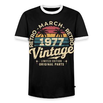 Born in March 1977 edition 1977 Vintage March 1977 - Men's Ringer Shirt - black/white - Front - AI Model Female 172 light (172cm) & AI Model Male 178 light (178cm)