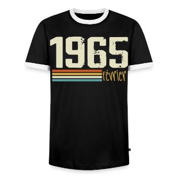 February 1965 - February 1965 Anniversary 1965 - Men's Ringer Shirt - black/white - Front - AI Model Female 172 light (172cm) & AI Model Male 178 light (178cm)