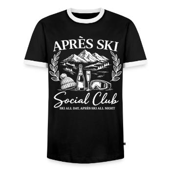 Après Ski Social Club Ski All Day Après Ski All - Men's Ringer Shirt - black/white - Front - AI Model Female 172 light (172cm) & AI Model Male 178 light (178cm)