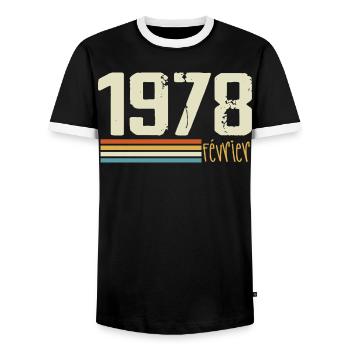 February 1978 - February 1978 Anniversary 1978 - Men's Ringer Shirt - black/white - Front - AI Model Female 172 light (172cm) & AI Model Male 178 light (178cm)