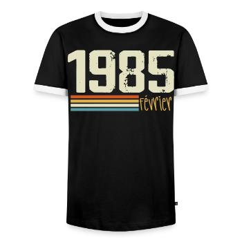 February 1985 - February 1985 Anniversary 1985 - Men's Ringer Shirt - black/white - Front - AI Model Female 172 light (172cm) & AI Model Male 178 light (178cm)