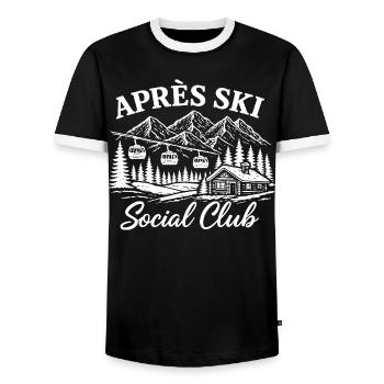 Après Ski Social Club Vintage Retro Alps Ski Hut - Men's Ringer Shirt - black/white - Front - AI Model Female 172 light (172cm) & AI Model Male 178 light (178cm)