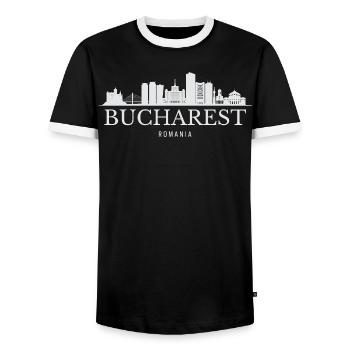 Bucharest Skyline, Bucharest Romania - Men's Ringer Shirt - black/white - Front - AI Model Female 172 light (172cm) & AI Model Male 178 light (178cm)
