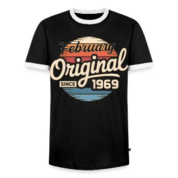 February 1969 Birthday present February 1969 - Men's Ringer Shirt - black/white - Front - AI Model Female 172 light (172cm) & AI Model Male 178 light (178cm)