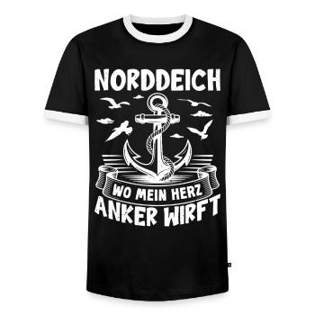 NORDDEICH WO MEIN HERZ ANKER WIRFT Lustiges - Männer Kontrast-T-Shirt - Schwarz/Weiß - Vorne - AI Model Female 172 light (172cm) & AI Model Male 178 light (178cm)