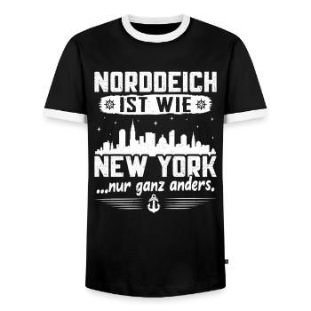 NORDDEICH IST WIE NEW YORK NUR GANZ ANDERS - Männer Kontrast-T-Shirt - Schwarz/Weiß - Vorne - AI Model Female 172 light (172cm) & AI Model Male 178 light (178cm)