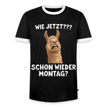 Lama drôle : Et maintenant ? Lundi encore ? - T-shirt contrasté Homme - noir/blanc - Devant - AI Model Female 172 light (172cm) & AI Model Male 178 light (178cm)