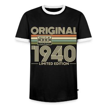 Original 1940 Retro Cassette Limited - Men's Ringer Shirt - black/white - Front - AI Model Female 172 light (172cm) & AI Model Male 178 light (178cm)