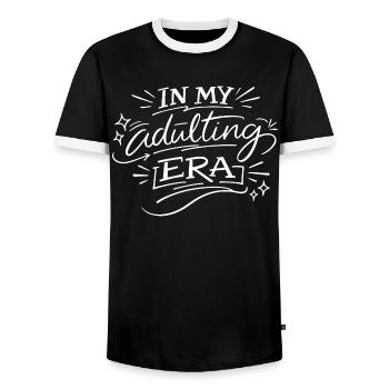 In My Adulting Era – Modern Typography Saying - Men's Ringer Shirt - black/white - Front - AI Model Female 172 light (172cm) & AI Model Male 178 light (178cm)