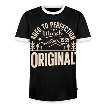 März 1965 – Legende der Gipfel und Berge - Männer Kontrast-T-Shirt - Schwarz/Weiß - Vorne - AI Model Female 172 light (172cm) & AI Model Male 178 light (178cm)