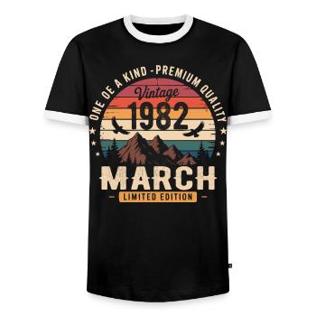 March 1982 44th Anniversary Gift March 1982 - Men's Ringer Shirt - black/white - Front - AI Model Female 172 light (172cm) & AI Model Male 178 light (178cm)