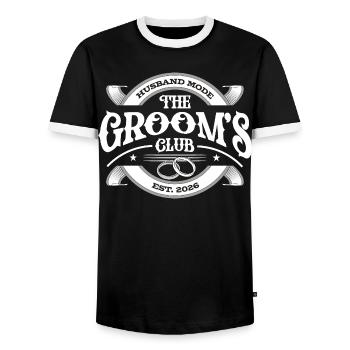 Grooms Club 2026 Bachelor Party - Men's Ringer Shirt - black/white - Front - AI Model Female 172 light (172cm) & AI Model Male 178 light (178cm)