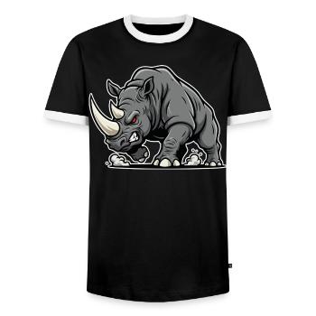 Rhinoceros Powerful Anger Wild Animal Logo - Men's Ringer Shirt - black/white - Front - AI Model Female 172 light (172cm) & AI Model Male 178 light (178cm)