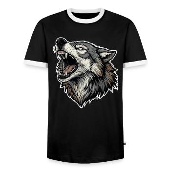 Wild Wolf Howling Alpha Wolf Mascot - Men's Ringer Shirt - black/white - Front - AI Model Female 172 light (172cm) & AI Model Male 178 light (178cm)