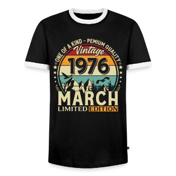 50th Birthday Gift Husband Vintage March 1976 - Men's Ringer Shirt - black/white - Front - AI Model Female 172 light (172cm) & AI Model Male 178 light (178cm)