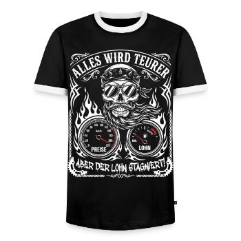 Everything is getting more expensive, but wages are stagnating - Men's Ringer Shirt - black/white - Front - AI Model Female 172 light (172cm) & AI Model Male 178 light (178cm)