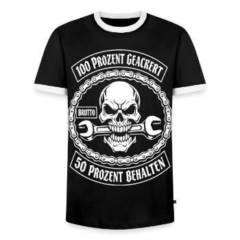 100 Prozent Geackert 50 Prozent Behalten - Männer Kontrast-T-Shirt - Schwarz/Weiß - Vorne - AI Model Female 172 light (172cm) & AI Model Male 178 light (178cm)