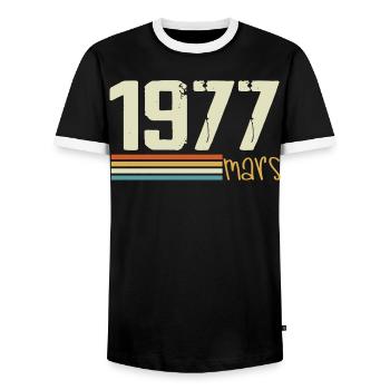 Vintage March 1977 - Men's Ringer Shirt - black/white - Front - AI Model Female 172 light (172cm) & AI Model Male 178 light (178cm)