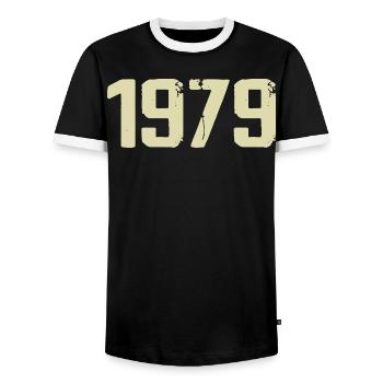 Jubilee 1979 - Men's Ringer Shirt - black/white - Front - AI Model Female 172 light (172cm) & AI Model Male 178 light (178cm)