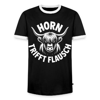 Highlands Horn trifft Flausch - Männer Kontrast-T-Shirt - Schwarz/Weiß - Vorne - AI Model Female 172 light (172cm) & AI Model Male 178 light (178cm)
