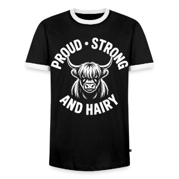 Vache des Highlands / Bœuf des Highlands – J’adore les Highlands - T-shirt contrasté Homme - noir/blanc - Devant - AI Model Female 172 light (172cm) & AI Model Male 178 light (178cm)