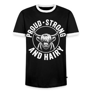 Highland Cow / Highland Rind – Ich liebe Highlands - Männer Kontrast-T-Shirt - Schwarz/Weiß - Vorne - AI Model Female 172 light (172cm) & AI Model Male 178 light (178cm)