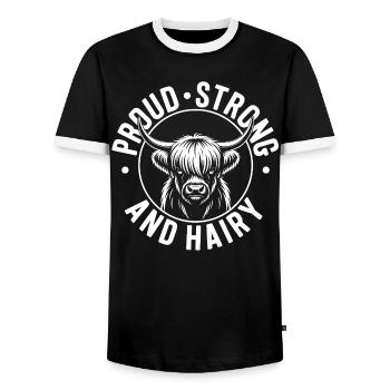 Highland Cow / Highland Beef – I Love Highlands - Men's Ringer Shirt - black/white - Front - AI Model Female 172 light (172cm) & AI Model Male 178 light (178cm)