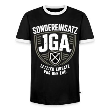 Special operation bachelor party – Last mission before marriage - Men's Ringer Shirt - black/white - Front - AI Model Female 172 light (172cm) & AI Model Male 178 light (178cm)